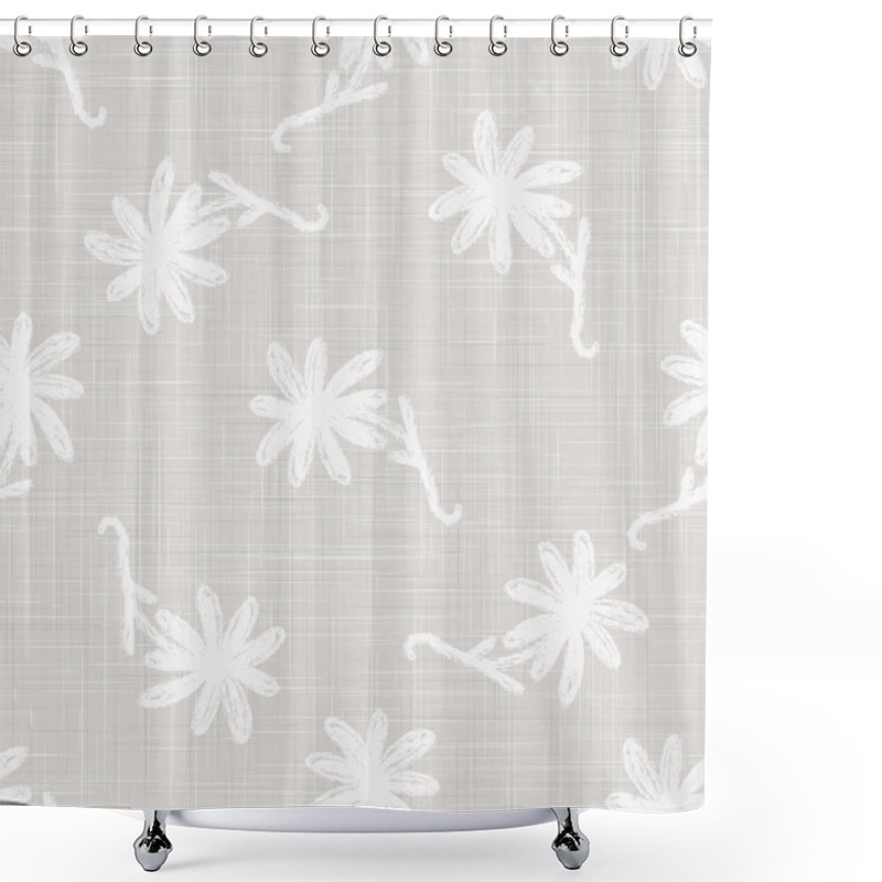 Personality  Gray French Linen Texture Background Printed With White Daisy Flower. Natural Ecru Flax Fibre Seamless Pattern. Organic Yarn Close Up Grey Beige Weave Fabric Wallpaper, Cloth Packaging. Vector EPS10 Shower Curtains