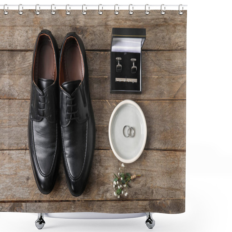 Personality  Tray With Wedding Rings, Groom Shoes And Stylish Male Accessories On Wooden Background Shower Curtains