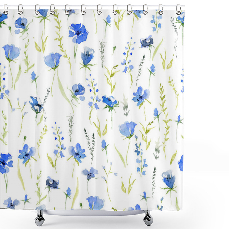 Personality  Seamless Pattern With Rustic Gentle Blue Flowers. Botanical Background Design For Textile, Wallpaper, Print. Isolated On White Background. Watercolor Illustration Shower Curtains