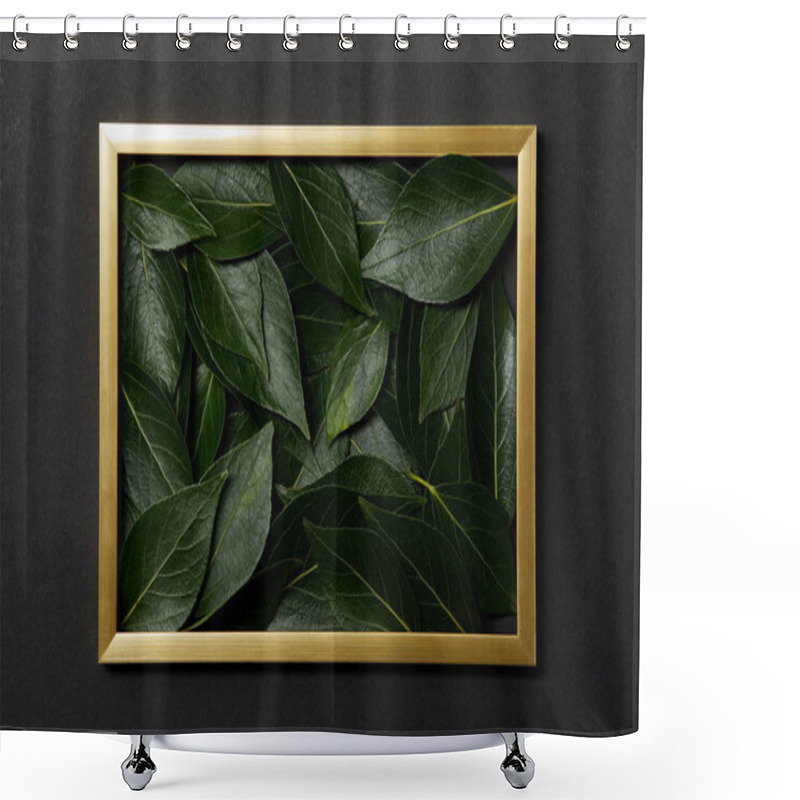 Personality  Top View Of Golden Frame With Green Leaves Inside On Black Background Shower Curtains