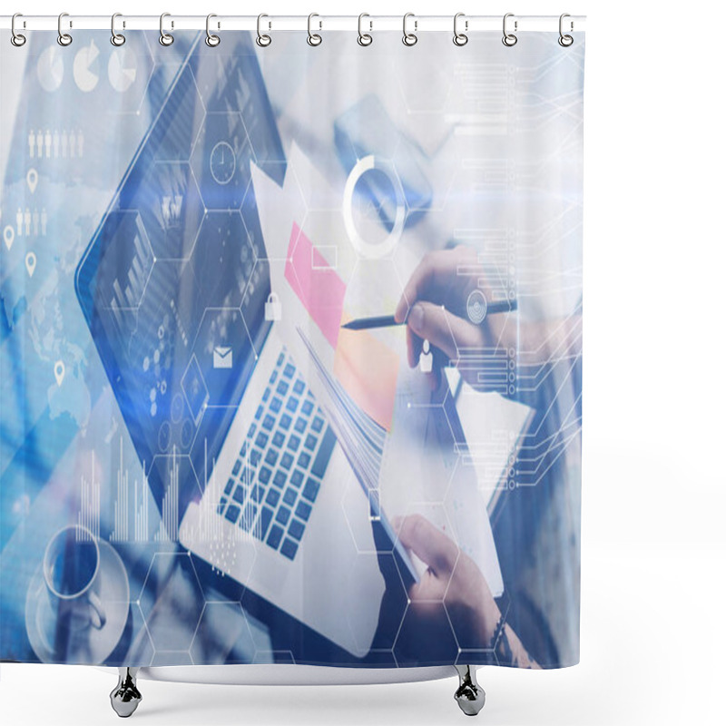 Personality  Man Working With Laptop At Office. Shower Curtains