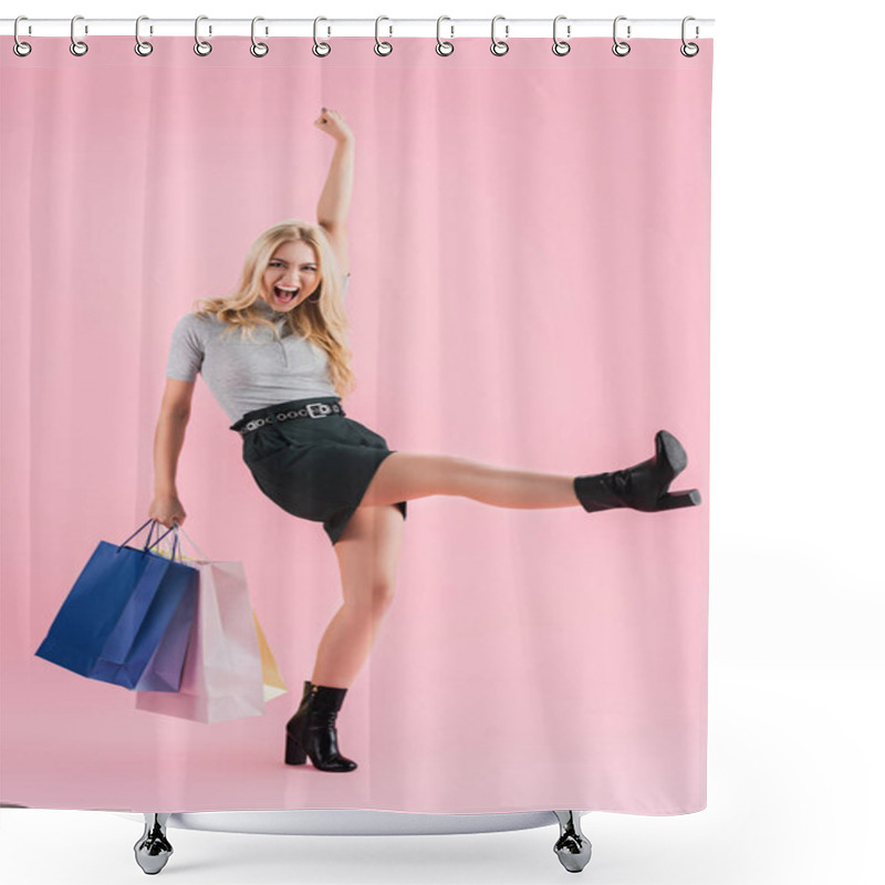 Personality  Cheerful Blonde Girl Dancing With Shopping Bags, Isolated On Pink Shower Curtains