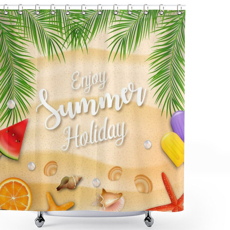 Personality  Vector Illustration Of Enjoy Summer Holidays Background With Palm Trees And Beach Elements Shower Curtains