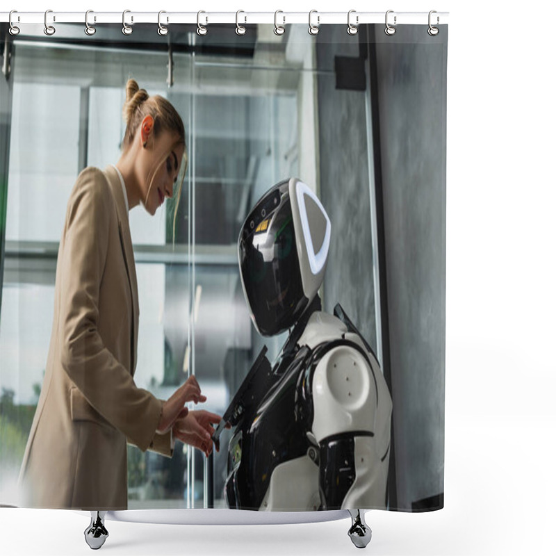 Personality  Young Businesswoman Operating Robot In Office Shower Curtains