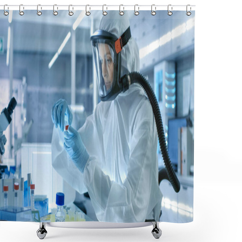 Personality  Medical Virology Research Scientist Works In A Hazmat Suit With  Shower Curtains