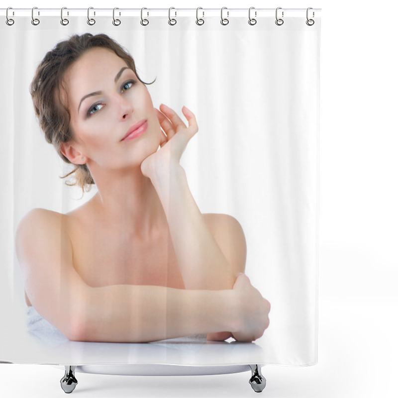 Personality  Beautiful Young Woman Touching Her Face Shower Curtains