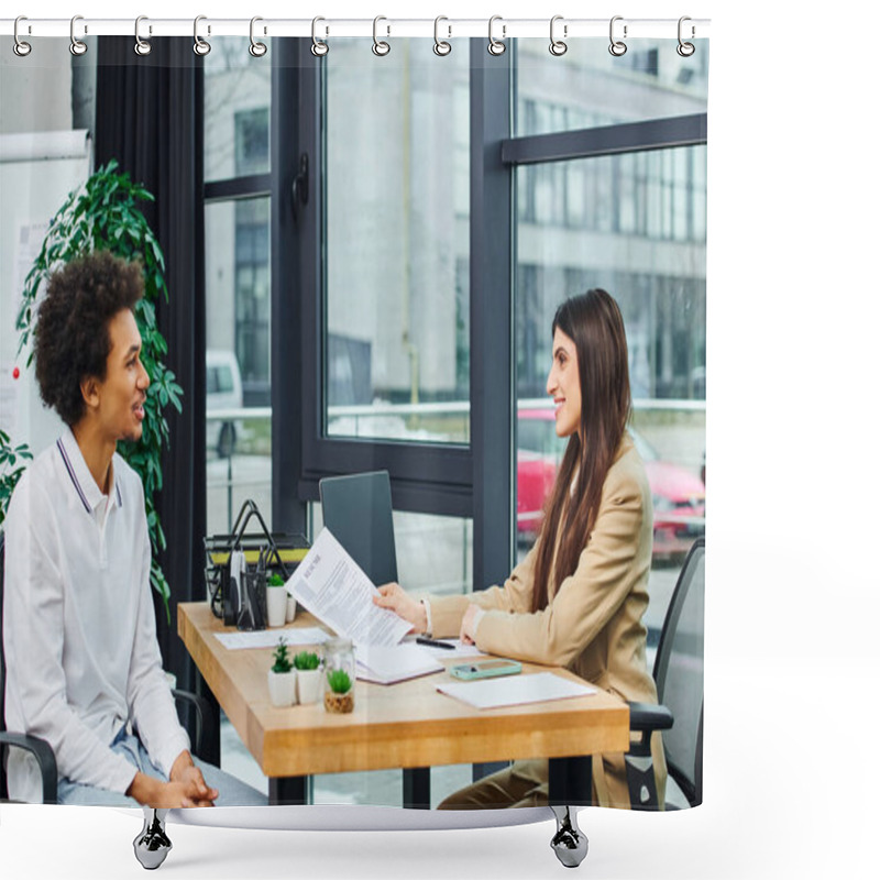 Personality  Professional Man And Woman Discuss At Desk In Modern Office Setting. Shower Curtains