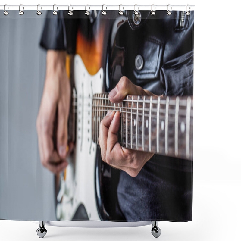 Personality  Electric Guitar. Repetition Of Rock Music Band. Music Festival. Man Playing Guitar. Close Up Hand Playing Guitar. Musician Playing Guitar, Live Music Shower Curtains