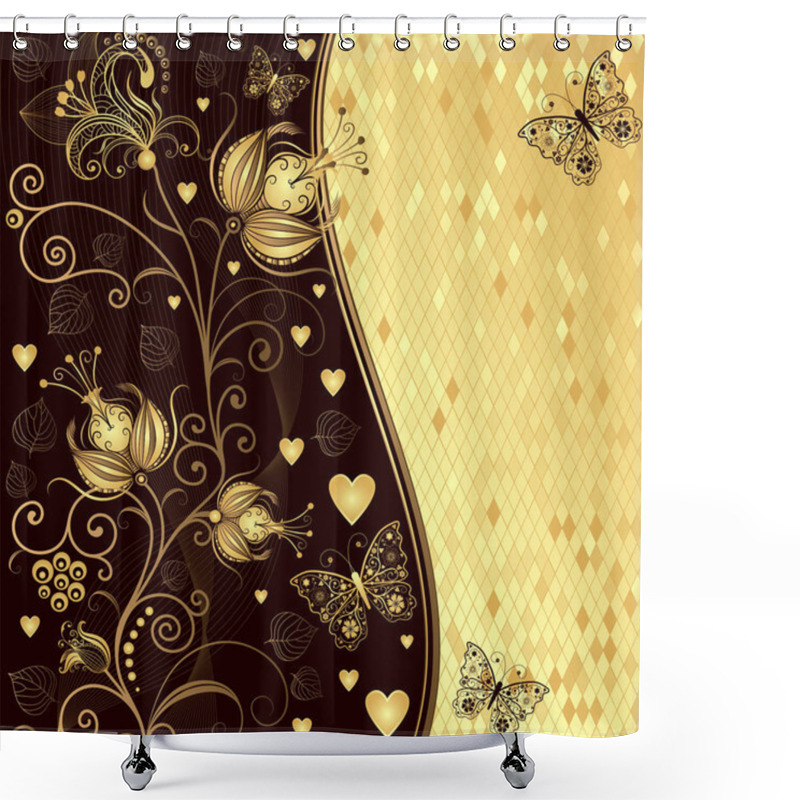 Personality  Festive Floral Valentine Frame With Golden Branch, Flowers, Hearts, Butterflies And Place For Text, Vector Eps 8 Shower Curtains