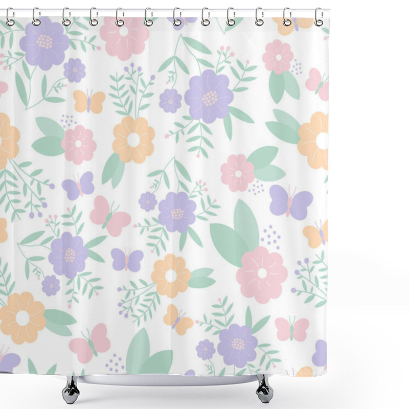 Personality  Vector Seamless Pattern Of Pastel Flowers, Leaves, Berries And Butterflies On A White Background. Great For Dressmaking Fabric And Bedroom Decor. Shower Curtains