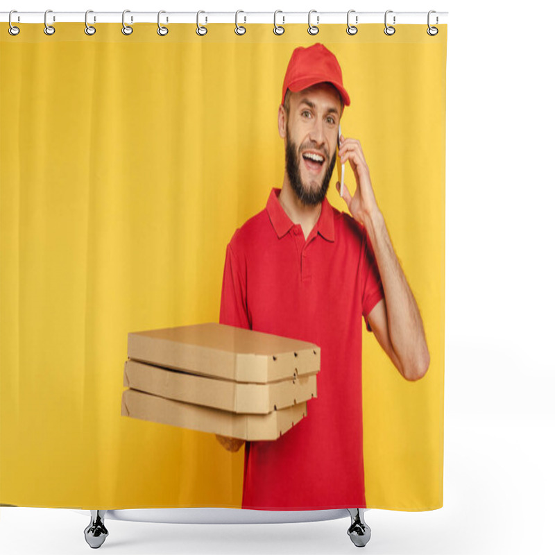 Personality  Smiling Bearded Delivery Man In Red Uniform With Pizza Boxes Talking On Smartphone On Yellow Shower Curtains