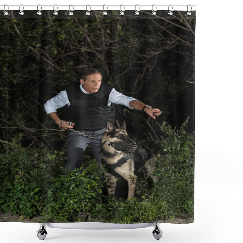 Personality  Mature Policeman In Bulletproof Vest Pointing By Finger To German Shepherd Dog Near Forest Shower Curtains