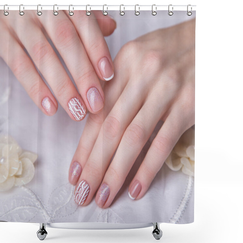 Personality  Snow White Manicure On Female Hands. Winter Nail Design. Shower Curtains