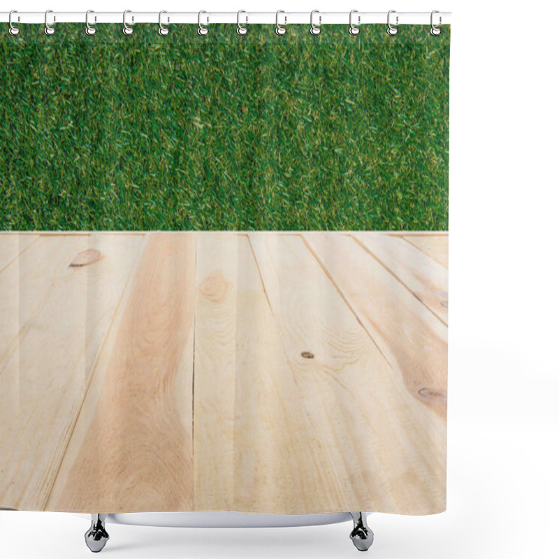 Personality  Template Of Beige Wooden Floor Made Of Planks On Green Grass Background Shower Curtains