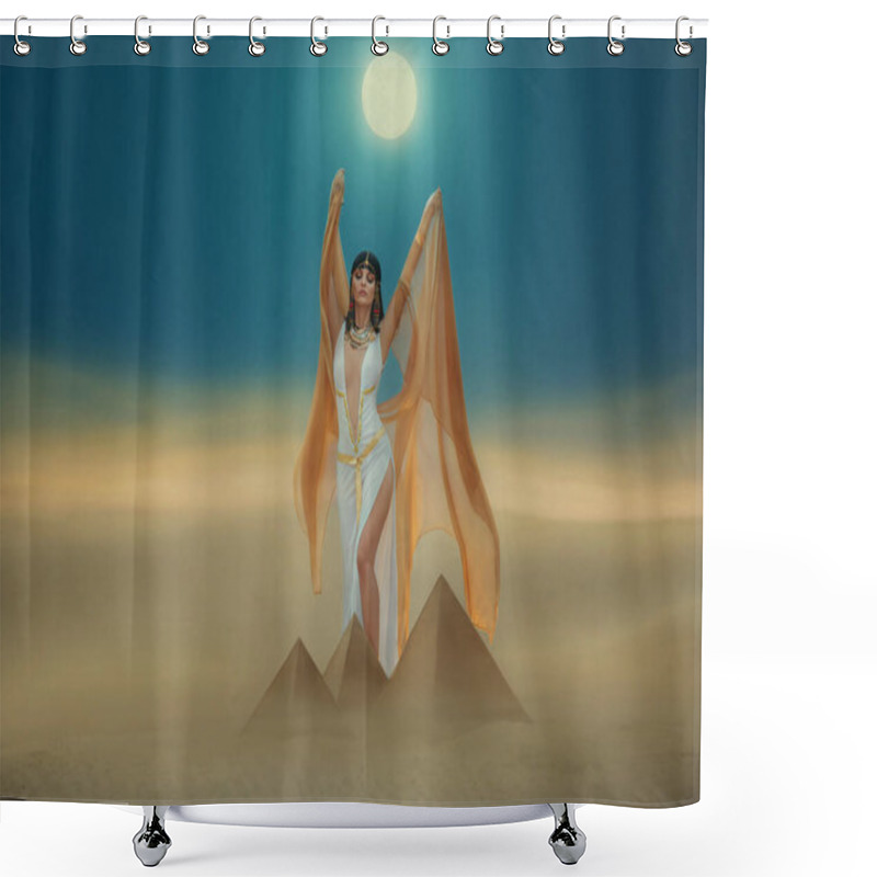 Personality  Artwork Fantasy Egyptian Beauty Goddess Cleopatra Raises Hands To Blue Night Sky, Backdrop Pyramid Yellow Sand Dune Bright Moon Light. Orange Golden Cape White Sexy Dress. Black Hair Queen Nefertiti Shower Curtains