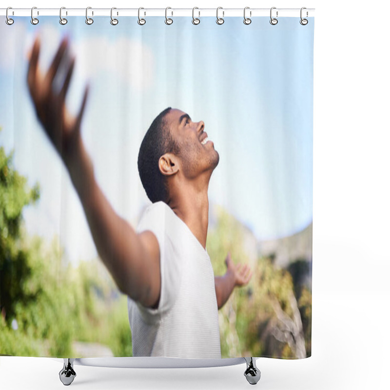 Personality  Under The Wide Blue Sky. A Young Man With Arms Outstretched Outdoors Shower Curtains