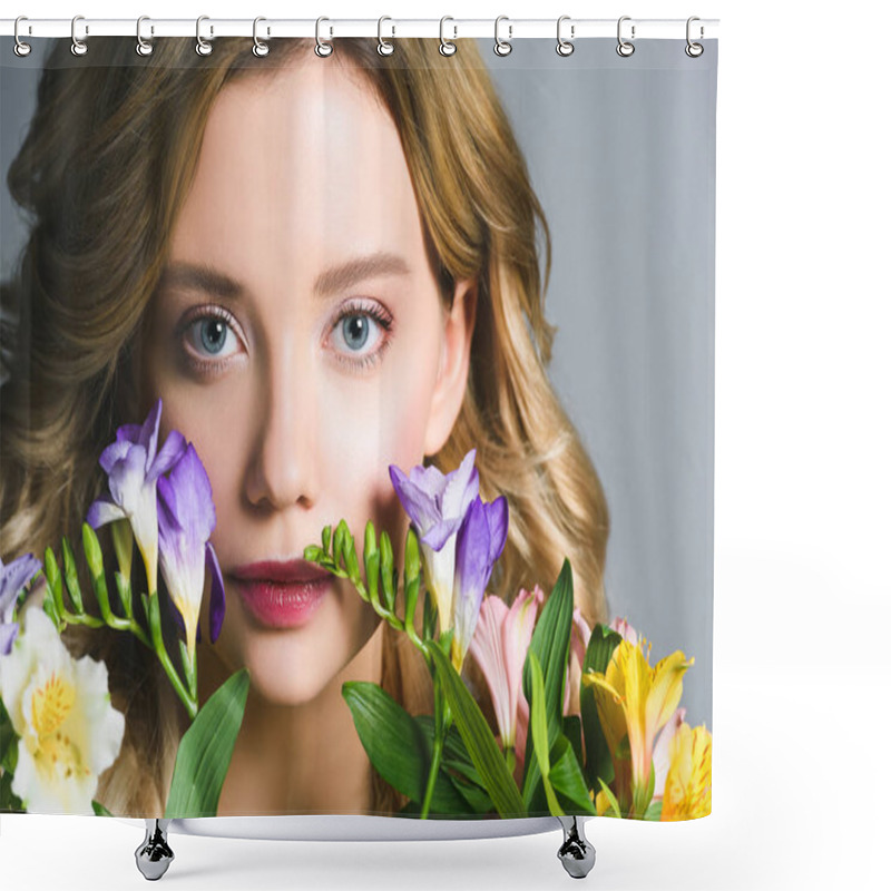 Personality  Beautiful Blonde Young Woman With Flowers Looking At Camera Shower Curtains