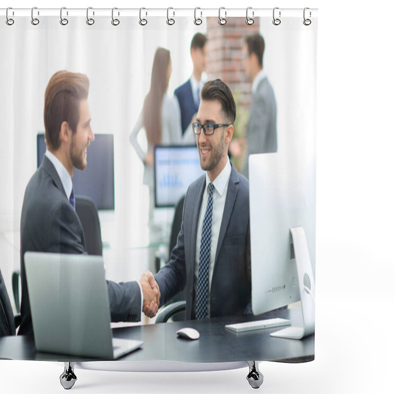 Personality  Successful Managers Shaking Hands After Closing Deal In Office Shower Curtains