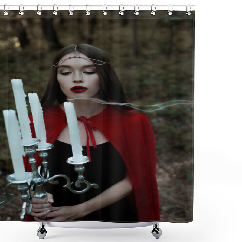 Personality  Attractive Mystic Girl In Red Cloak Blowing Candles In Forest Shower Curtains