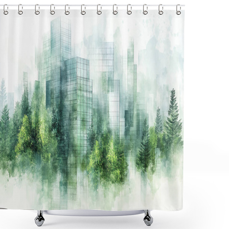 Personality  Exemplifying The ESG Environmental, Social, Governance Concept, A Corporate Glass Building Reflects Green Trees. Sustainability Into Business Practice Watercolor And Grid Line Vector Illustration. Shower Curtains