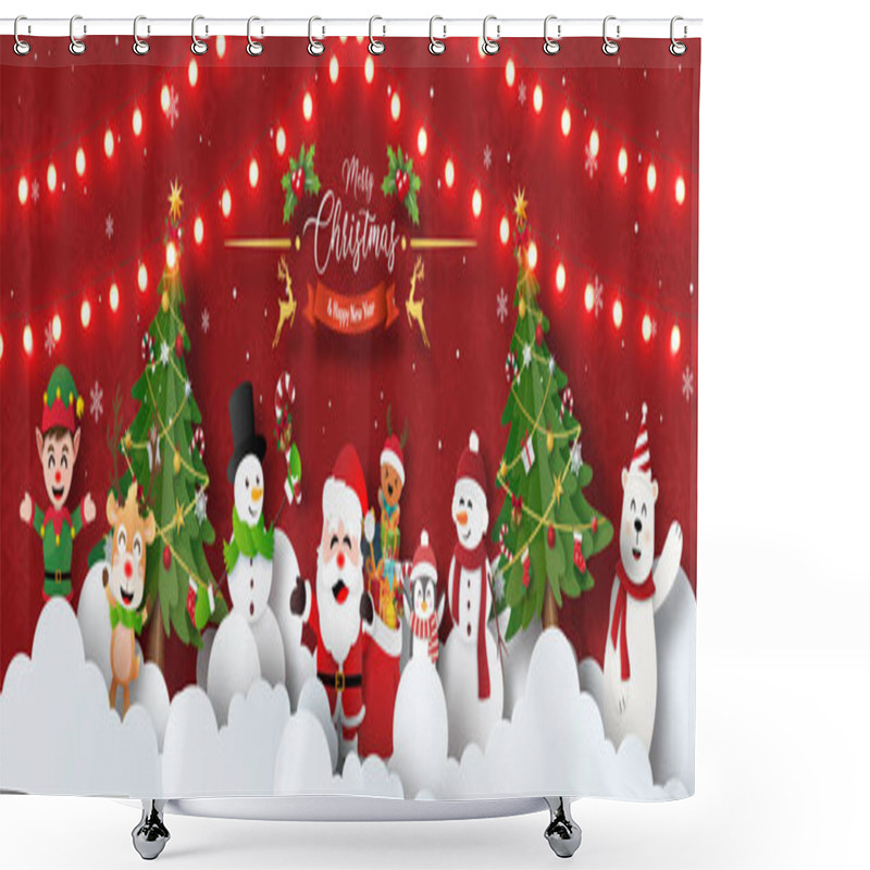 Personality  Merry Christmas And Happy New Year, Christmas Banner Postcard Of Christmas Party With Santa Claus And Friends On The Sky Shower Curtains