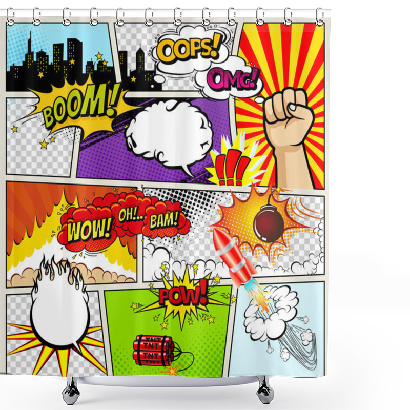 Personality  Comics Template. Vector Retro Comic Book Speech Bubbles Illustration. Mock-up Of Comic Book Page With Place For Text, Speech Bubbls, Symbols, Colored Halftone Background And Superhero Shower Curtains