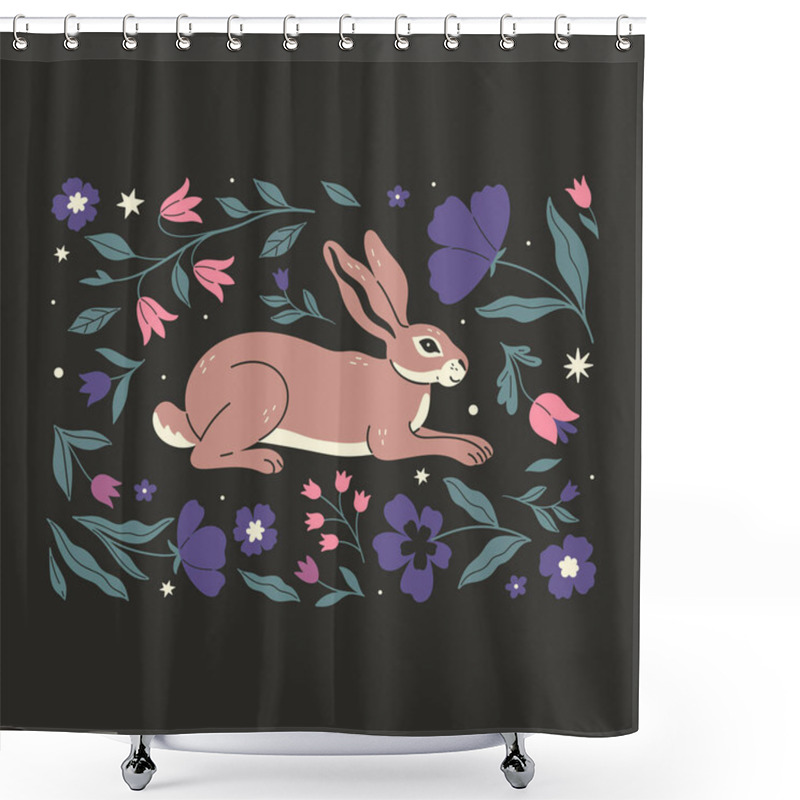 Personality  Hare On A Dark Background And In A Floral Frame. Vector Image. Shower Curtains