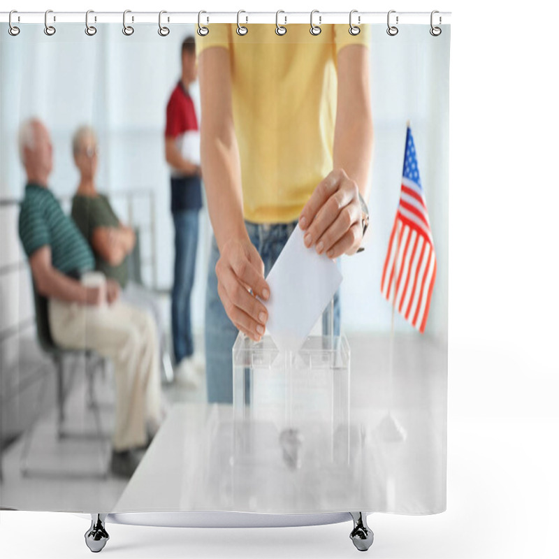 Personality  Woman Putting Ballot Paper Into Box At Polling Station, Closeup Shower Curtains