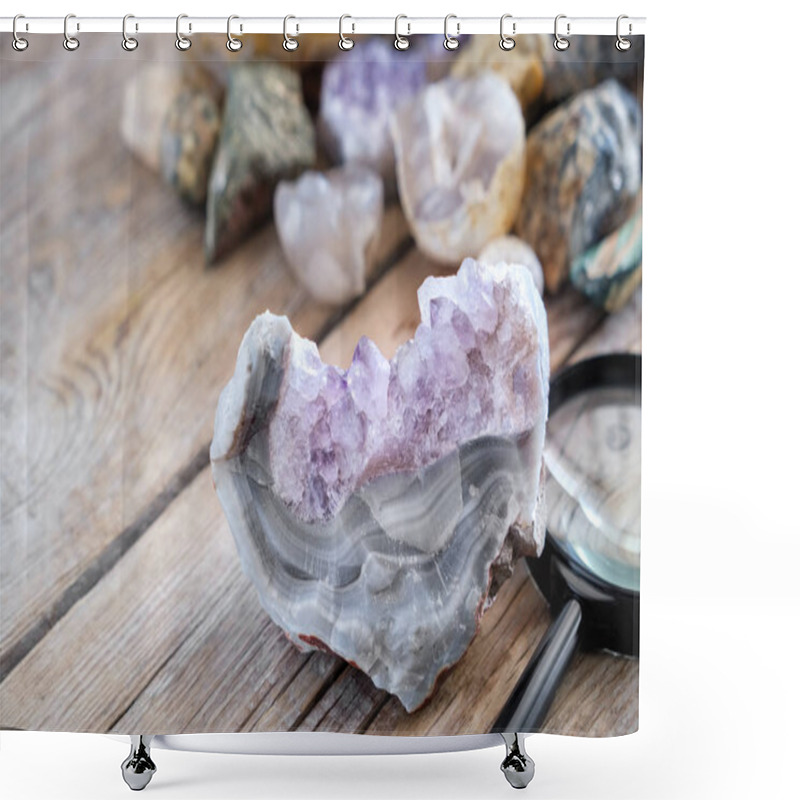 Personality  Mineral Stones Collection. Amethyst With Agate And Magnifying Glass In The Foreground. Shower Curtains