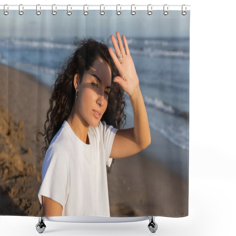 Personality  Portrait Of Curly Woman In White T-shirt Hiding Face From Sun On Beach Near Sea  Shower Curtains