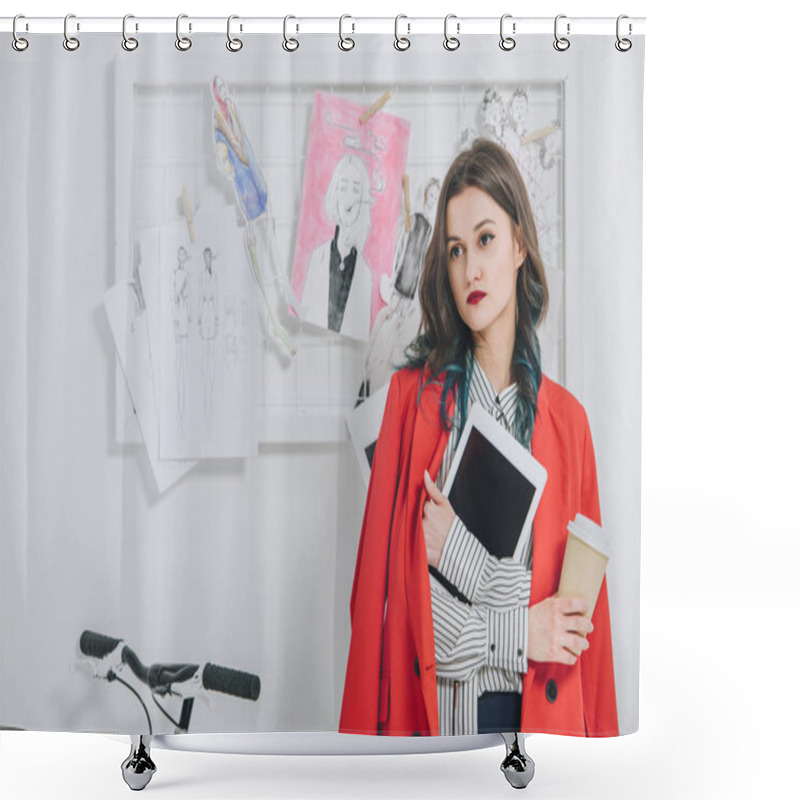 Personality  Pretty Lady Holding Digital Tablet By Mood Board Shower Curtains