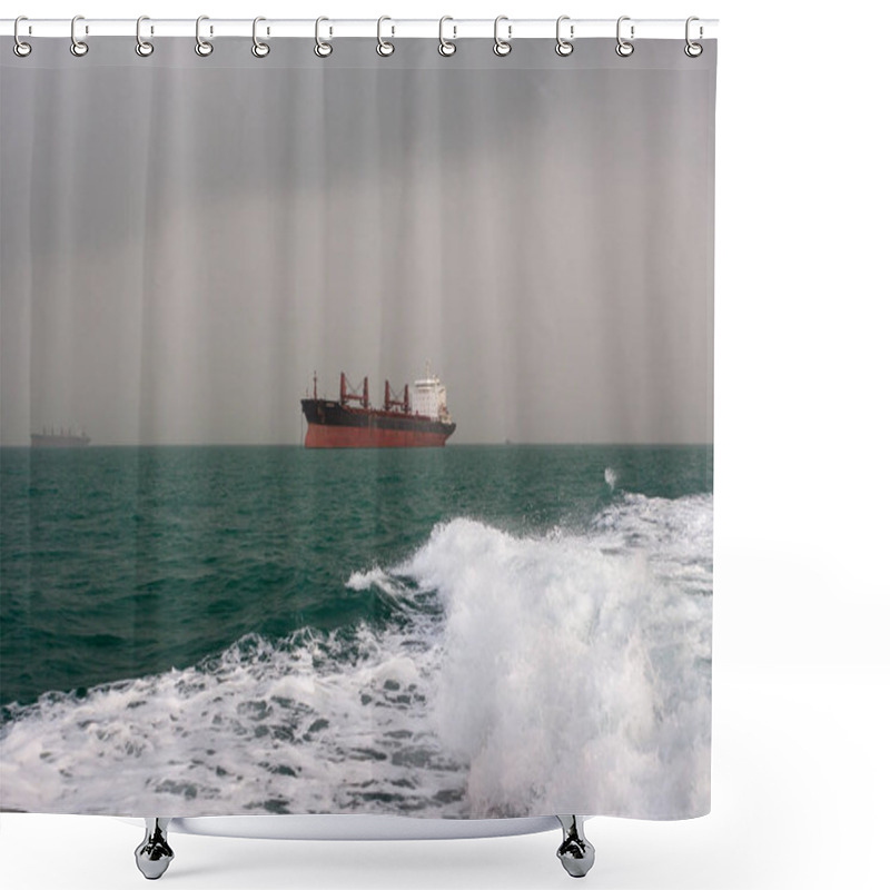 Personality  Cargo Ship In Persian Gulf Big Cargo Ship In Open Waters With White Wave Spatters On The Shower Curtains