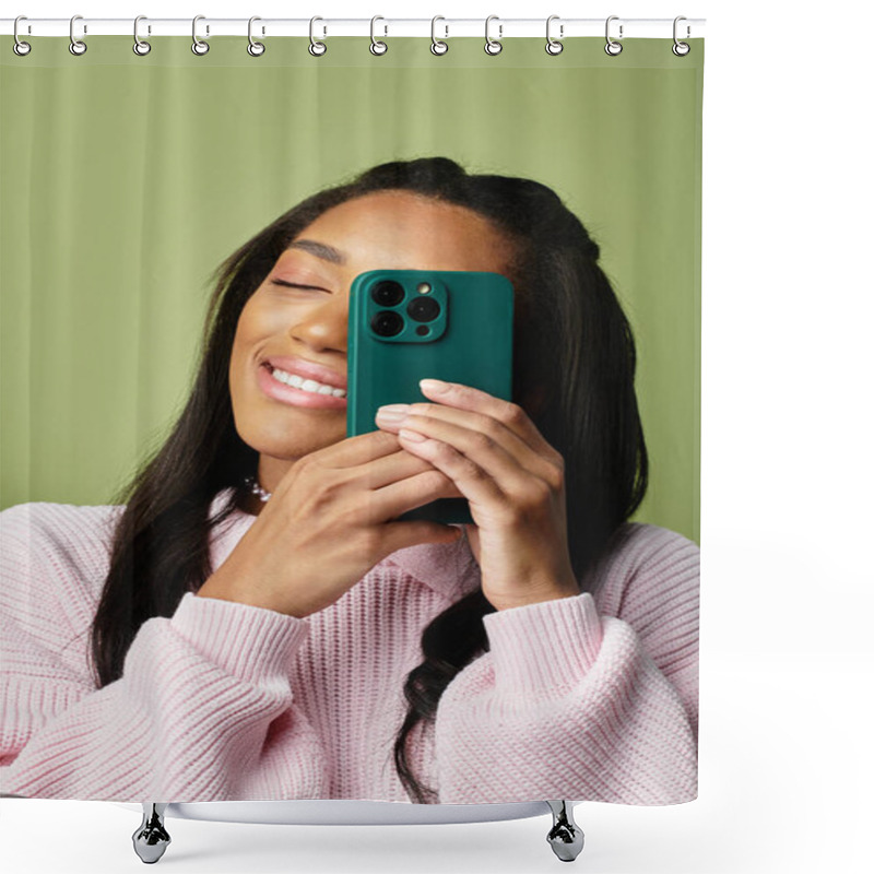 Personality  Wearing A Stylish Sweater, A Young Woman Captures A Joyful Moment With Her Phone, Smiling Brightly. Shower Curtains