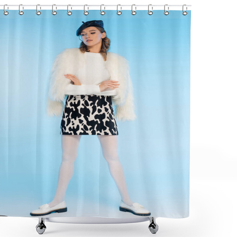 Personality  Full Length Of Young Woman In Black Beret, White Faux Fur Jacket And Skirt With Cow Print Posing With Crossed Arms On Blue Shower Curtains