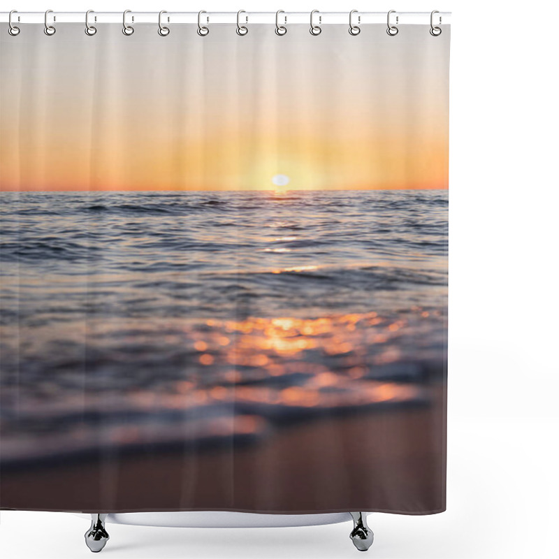 Personality  As The Sun Sets It Casts A Warm Glow, As The Waves Gently Roll In. Shower Curtains