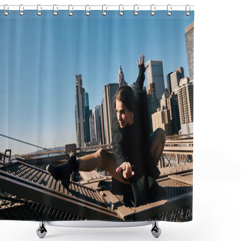 Personality  A Young Woman In A Black Coat Dances On The Brooklyn Bridge In New York City. Shower Curtains