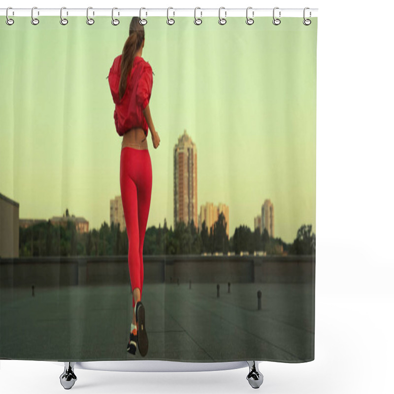 Personality  Back View Of Sportswoman Running While Training On Roof In Evening  Shower Curtains