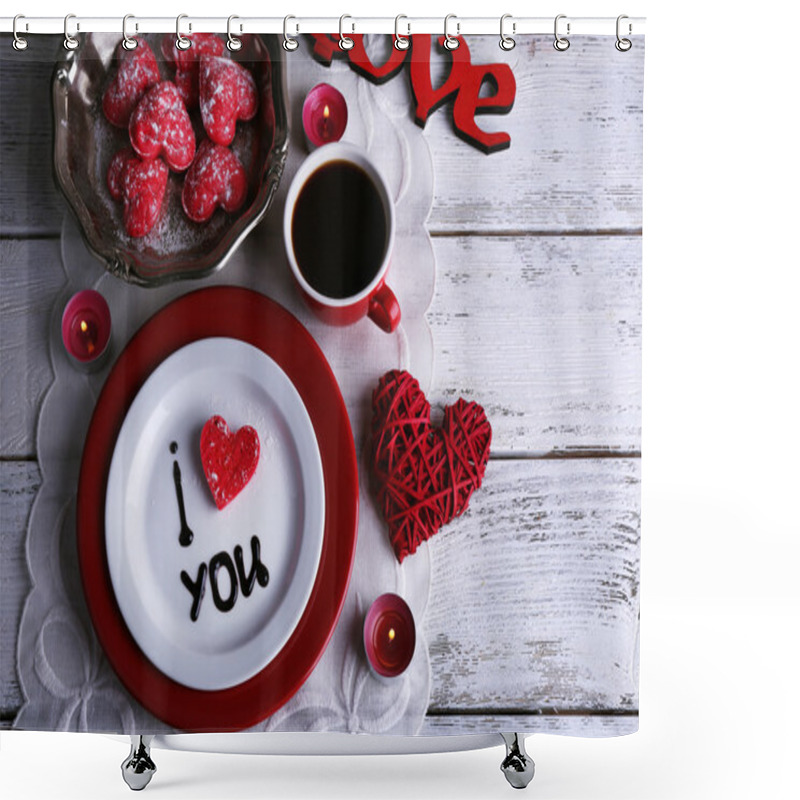 Personality  Cookie In Form Of Heart On Plate With Inscription I Love You On Color Wooden Table Background Shower Curtains