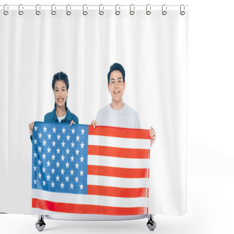 Personality  Multiethnic Teenage Students With Usa Flag Isolated On White Shower Curtains