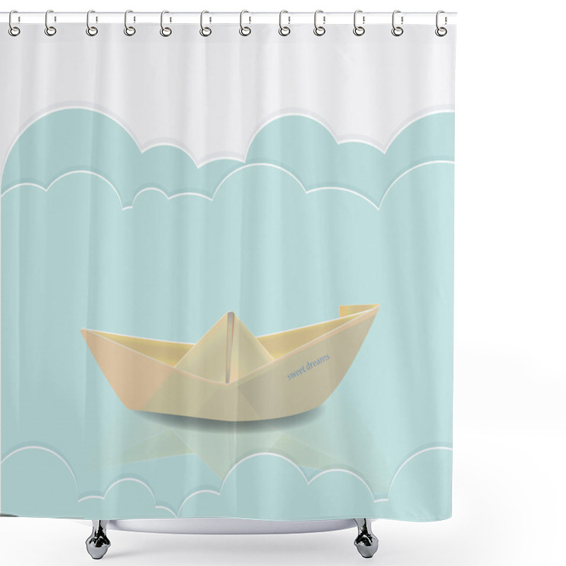 Personality  Vector Paper Boat In Blue Waves Of Paper Sea Shower Curtains