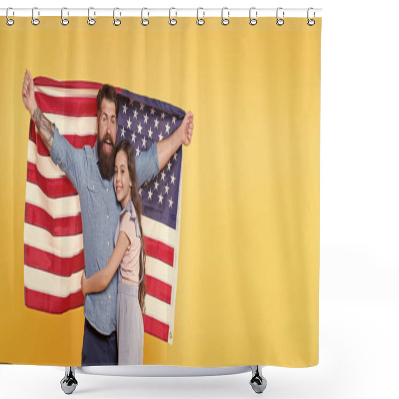 Personality  Liberty For You And Me. How Do Americans Celebrate Independence Day. Father American Bearded Hipster And Cute Little Daughter With USA Flag. Independence Is Happiness. Independence Day Holiday Shower Curtains