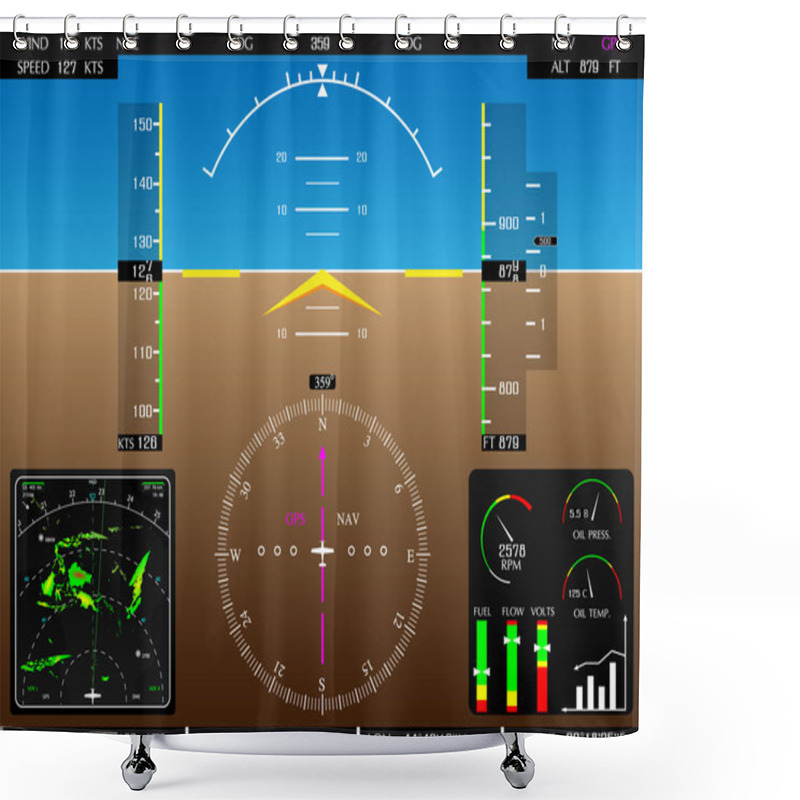 Personality  Airplane Glass Cockpit Display With Weather Radar And Engine Gauges Shower Curtains