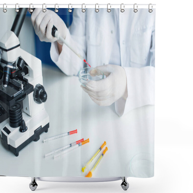 Personality  Cropped View Of Scientist Working With Electronic Pipette And Petri Dish Near Microscope In Lab  Shower Curtains