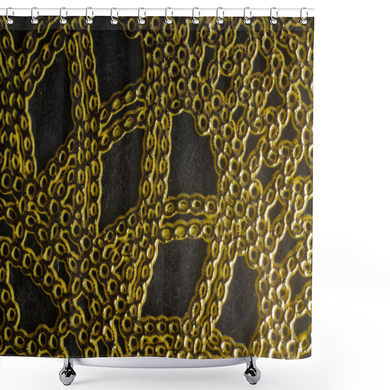 Personality  Elaborate Golden Patterns Interlace On A Dark Surface, Highlighting The Harmony Of Design Elements. The Intricate Shapes Create A Mesmerizing Visual Effect And A Sense Of Depth. Shower Curtains