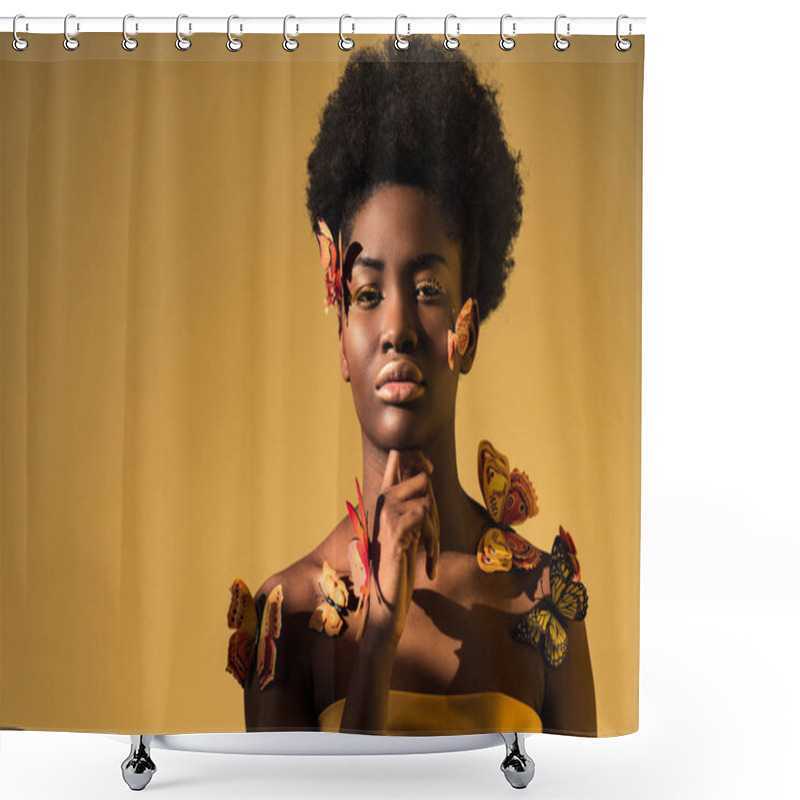 Personality  Pensive African American Woman With Butterflies Looking At Camera On Brown Shower Curtains