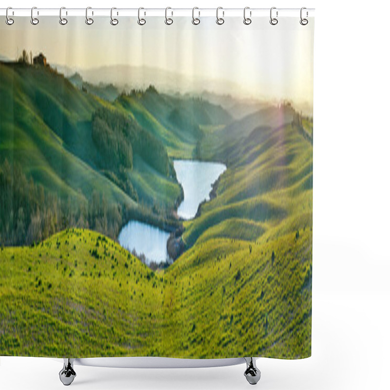 Personality  Tuscany, Rural Landscape On Sunset, Italy. Lake And Green Fields Shower Curtains