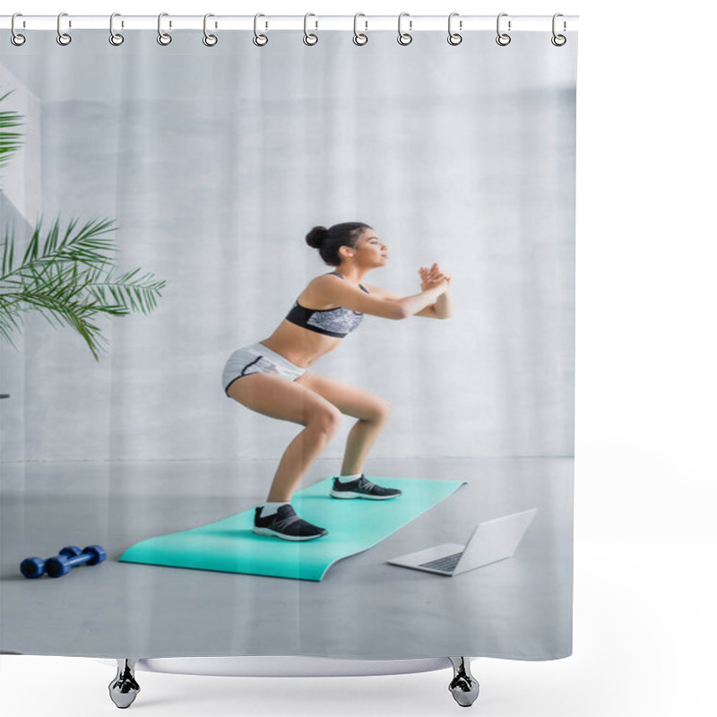 Personality  Young African American Sportswoman Practicing Chair Pose Near Laptop And Dumbbells  Shower Curtains