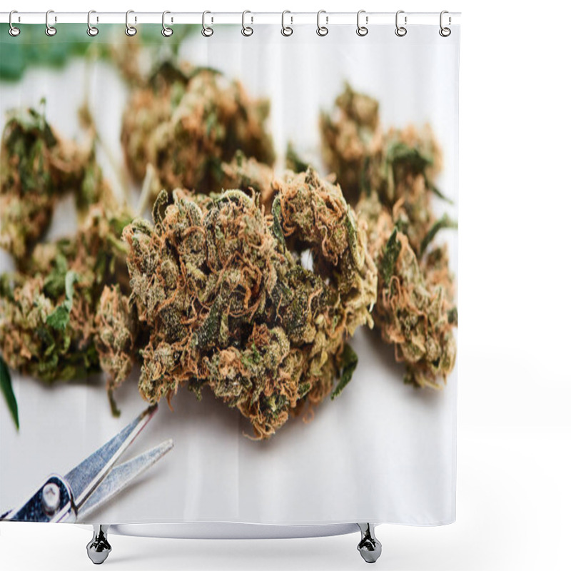 Personality  Close Up View Pf Marijuana Buds And Scissors On White Background Shower Curtains