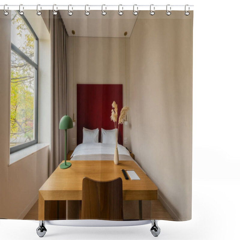 Personality  Wooden Desk And Chair Near Comfortable Bed In Hotel Room  Shower Curtains