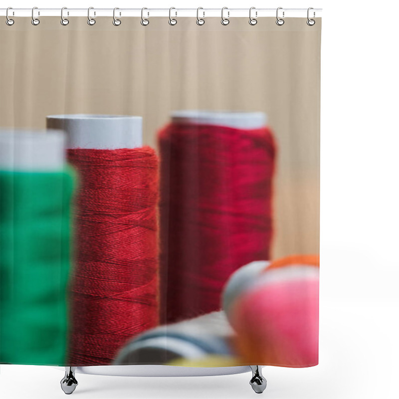 Personality  Selective Focus Of Red Cotton Thread Coils Isolated On Beige Shower Curtains